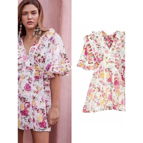 La Maison Talulah Dresses & Skirts - La Maison Talulah Tea Time Mini Dress Floral Linen Tiered Dainty Cottagecore M